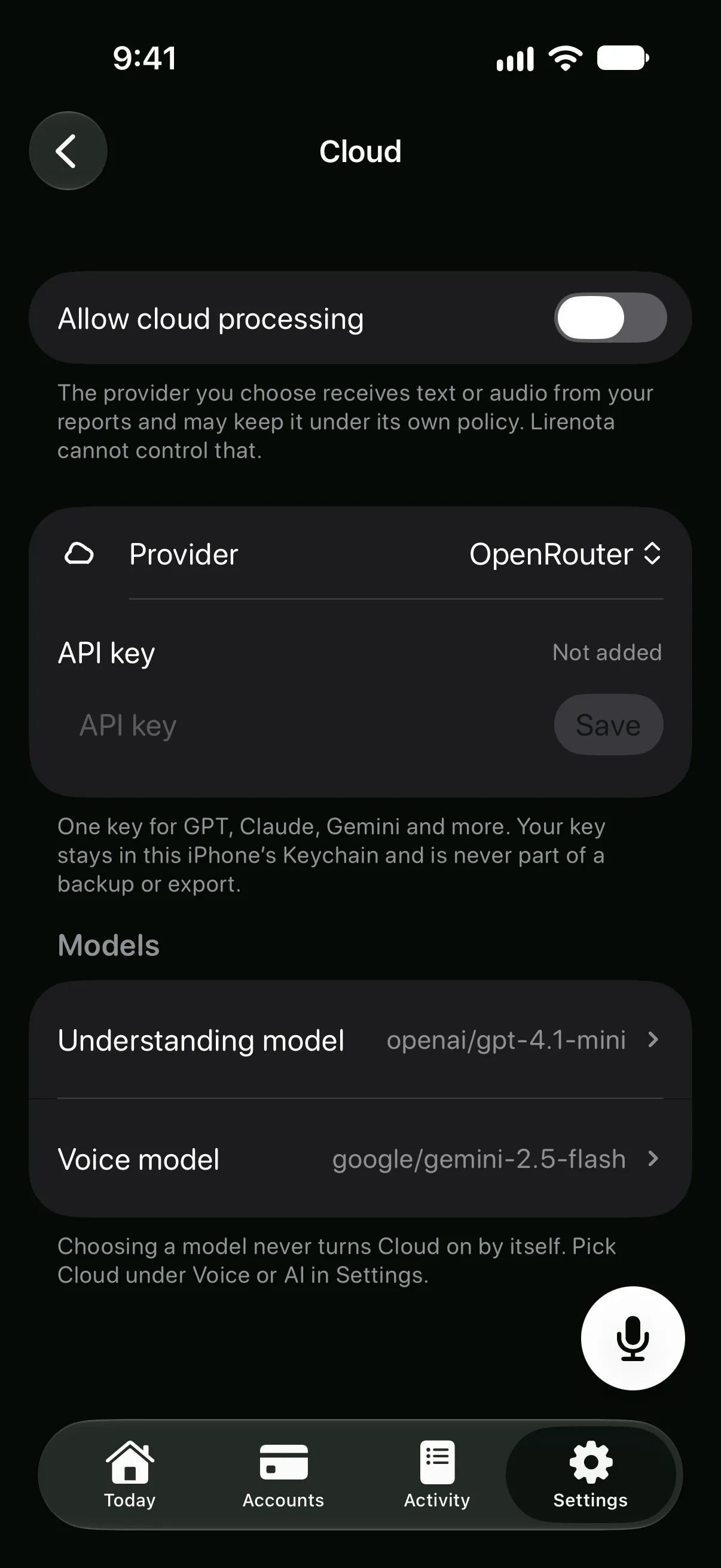 Lirenota optional Cloud settings