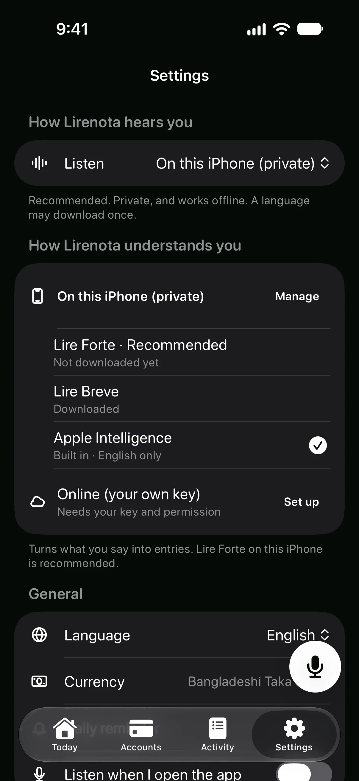 Lirenota AI settings showing on-device Lire models