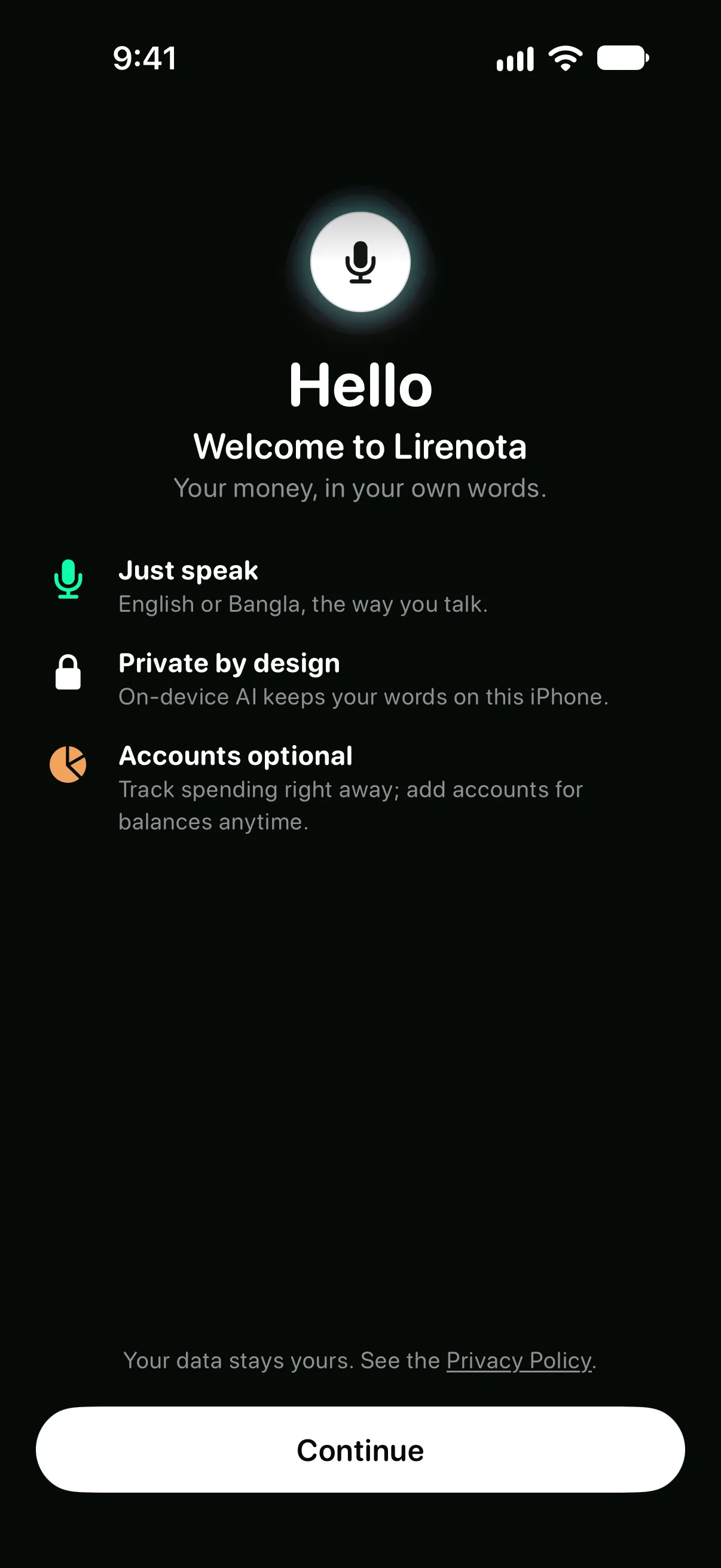Lirenota welcome screen